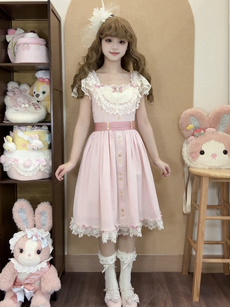 Elegant Bow and Details Version Classic with Lace Dress Short Pink Lolita