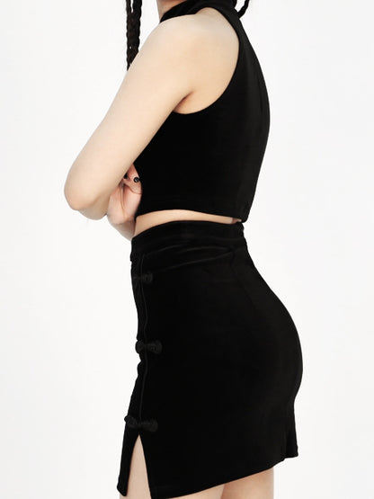 Rock Cheongsam Seite Samt Knöpfe mit Stil Schwarz Frosch Schlitz Mini und