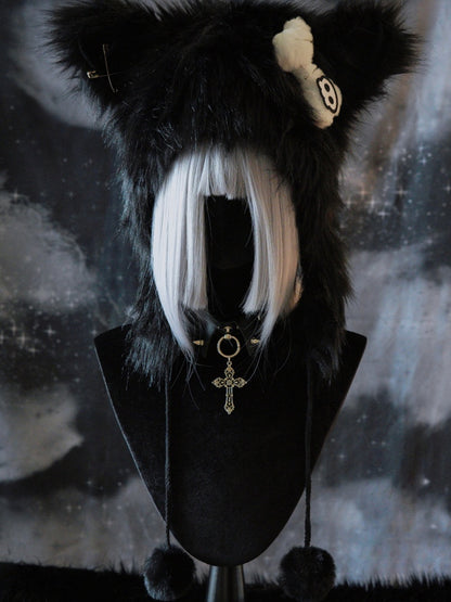 Cat Pin With Gothic Charms Bone Pompon Plush Decorated Ear Applique Skeleton Hat Black