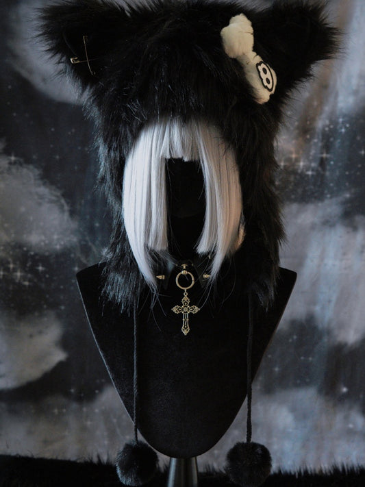 Cat Pin With Gothic Charms Bone Pompon Plush Decorated Ear Applique Skeleton Hat Black