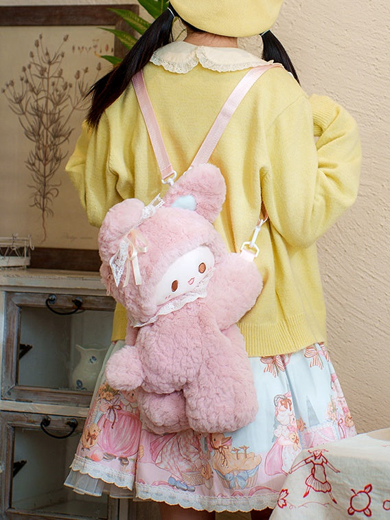 Pink Rabbit Bowknot Lace Details Plush Backpack Middle/Large Size