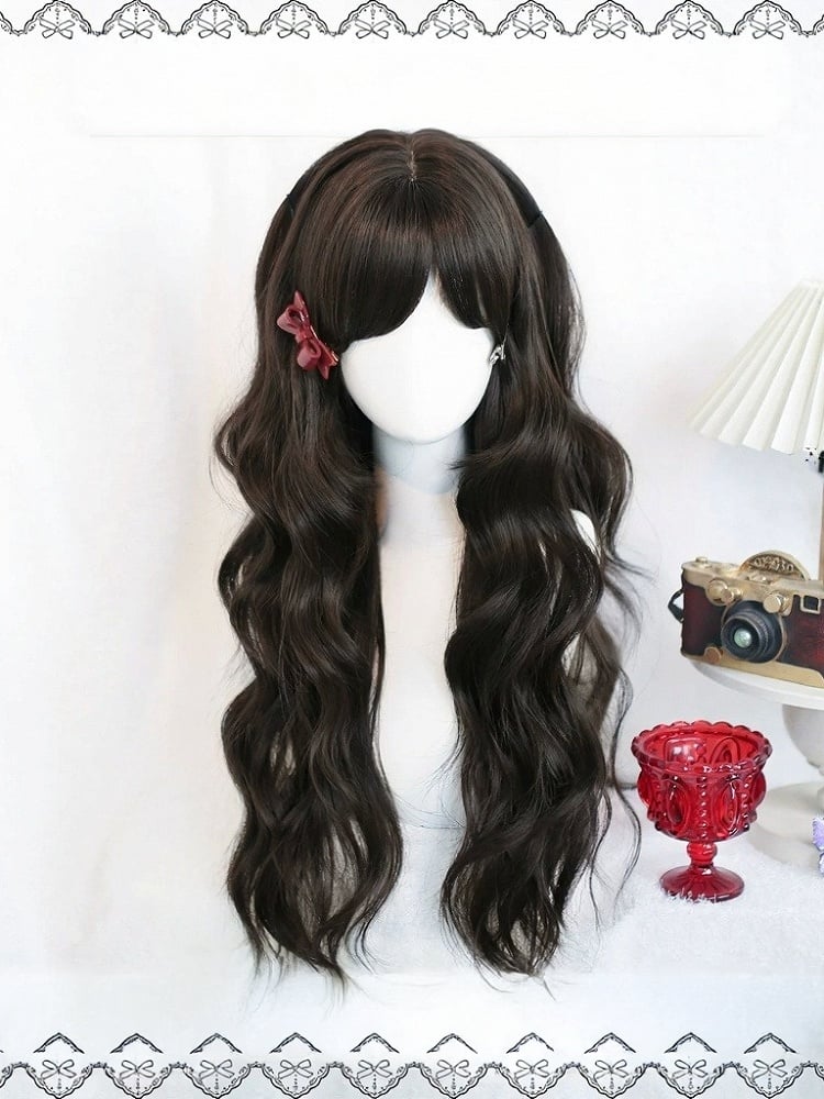 Black Tea 75cm Long Wavy Curly Wig with Air Bangs - Dalao Home