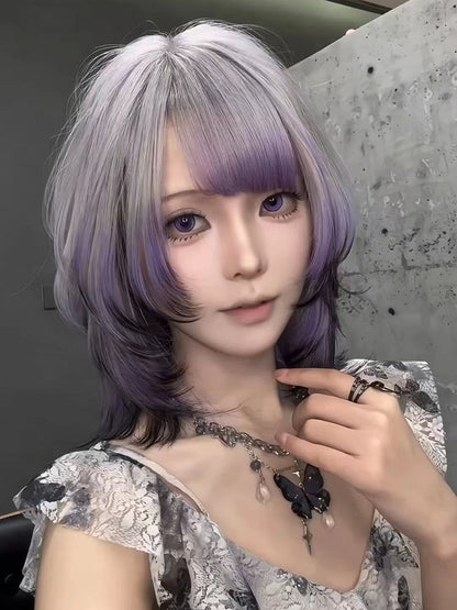 Wig Dusty Short Ombre Purple Bangs Straight with