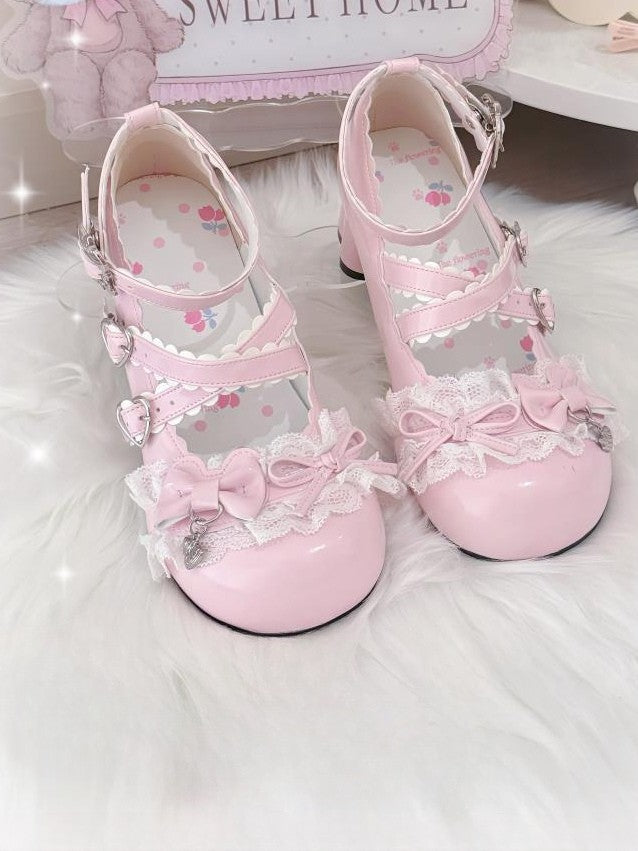 with Mary Janes Mid Lolita PU Details Bow - Heel Pink Sweet
