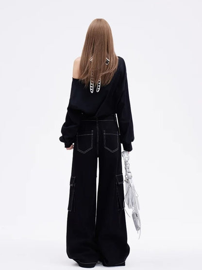 Weite Cargo-Jeans mit Flügeln und Riemendesign zum Selbstbinden und schwarzem Engel