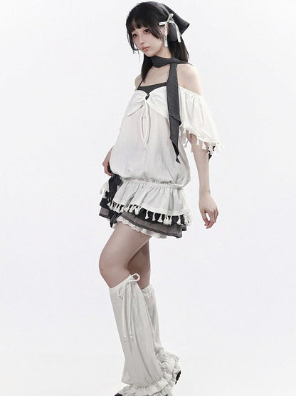 White Faux Two-Piece Flutter Sleeve Top with Tassels - PINK SAVIOR