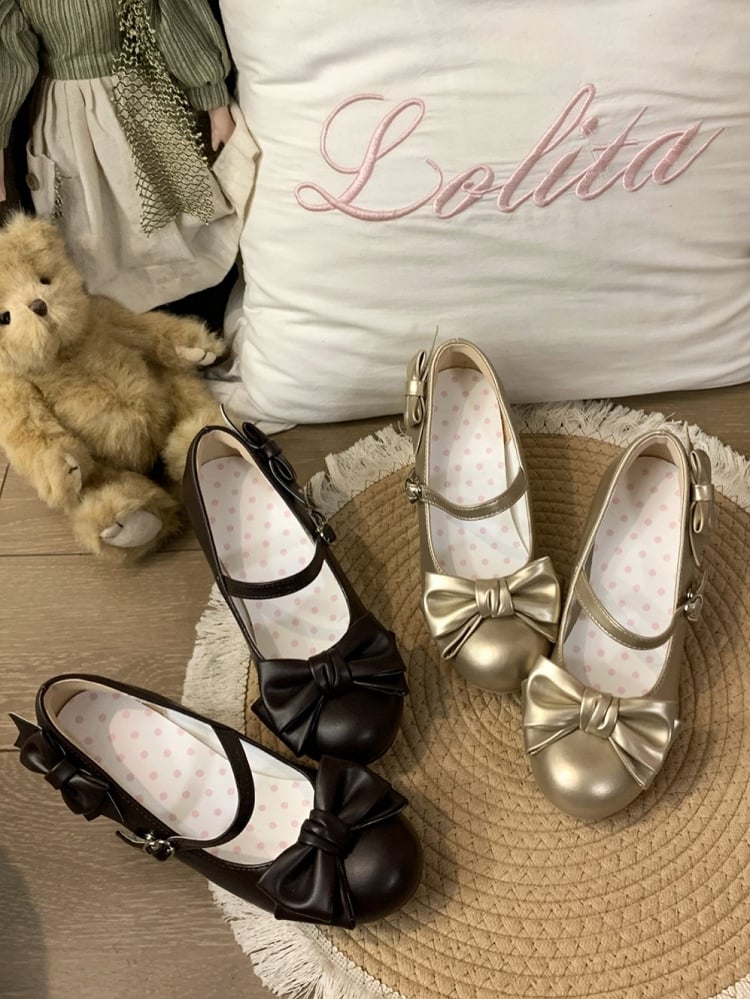 Golden Mid-heel Mary Jane Shoes with Heart-shaped Snap and Bow Accents