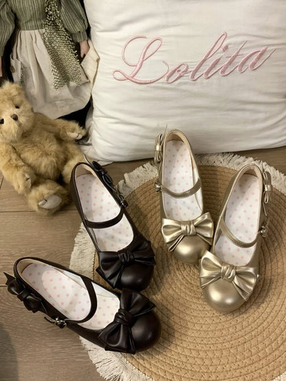 Golden Mid-heel Mary Jane Shoes with Heart-shaped Snap and Bow Accents