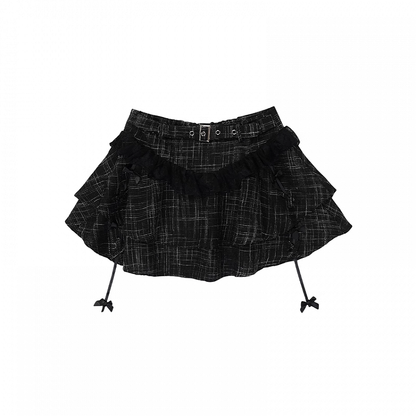 Plaid Tiered Skirt Black Buckle Belt Decorated Bowknots