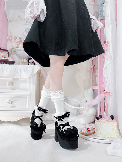 ブロック・メアリー・アクセント・スクール・ブラック・ボウ・ロリータ・ヒール・オールド・ベルベット・ケイ・ジライ・ジェーンズ・ハイ
