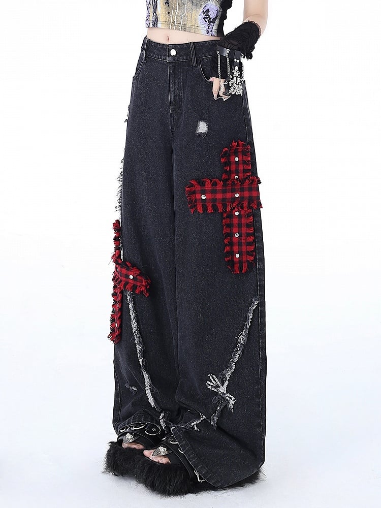 ワイドレッグパンククロスディストレストブラックホールチェックジーンズレッド