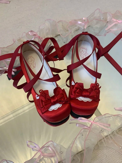 Sweet Red Lolita Low-heel Mary Jane Shoes in Satin with Lace-up at Ankle, Detachable Ankle Strap & Heart Fastener