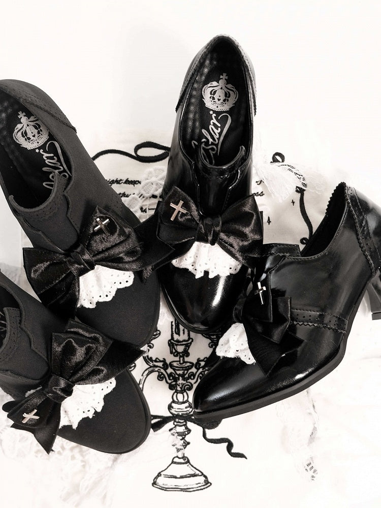 Polished Black Gothic Bowknot 5.5cm Heels Cross Lace - EvilStar
