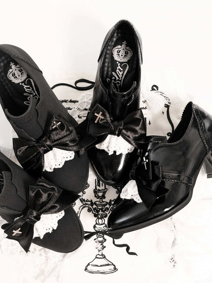 Polished Black Gothic Bowknot 5.5cm Heels Cross Lace - EvilStar