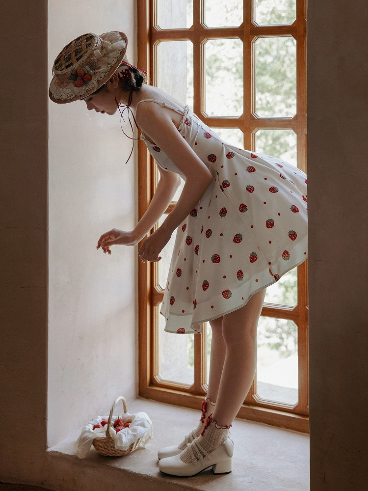 und weiß JSK süßes Kleid Polka Dots Sommer Lolita Erdbeere Sonne Druck