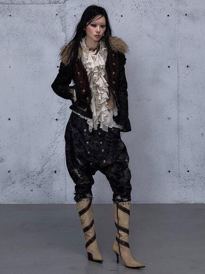 - Elastic Harem Cropped Partial Wasteland with Distressed Punk Waistband Design Jeans Black