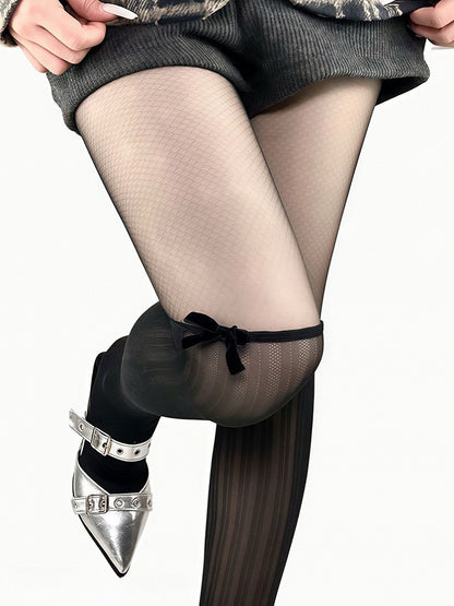 Tights Black/Beige Decorated Bowknot Striped