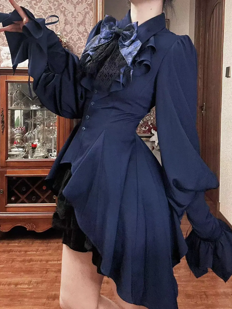 Dark Blue Ouji Lolita Long Sleeves Prince Shirt with Cascading Irregular Hem | Danger Girl