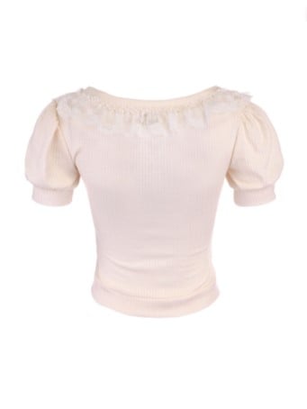 Trim Bow Apricot Top Slim-Fit Puff Playful With Lace Sleeve