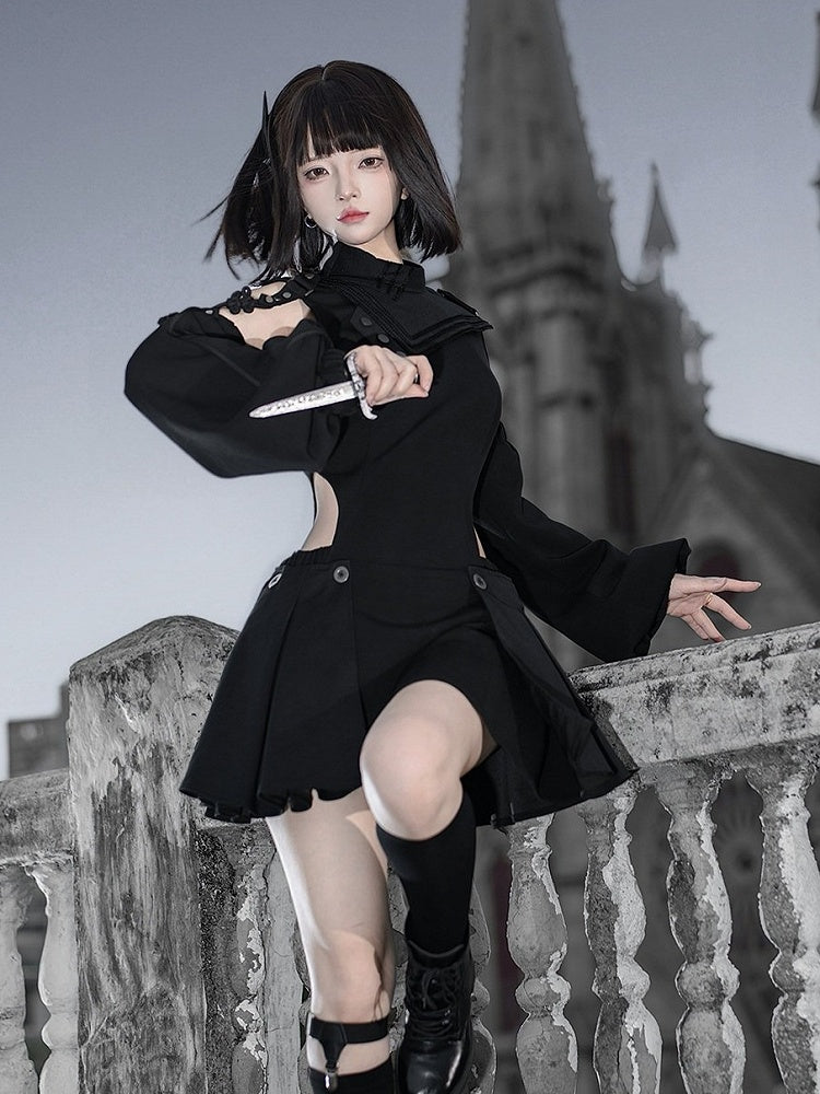 Gothic Lolita Dress & Short Pants Set - Asymmetrical with Detachable Sleeves - Unknown Star