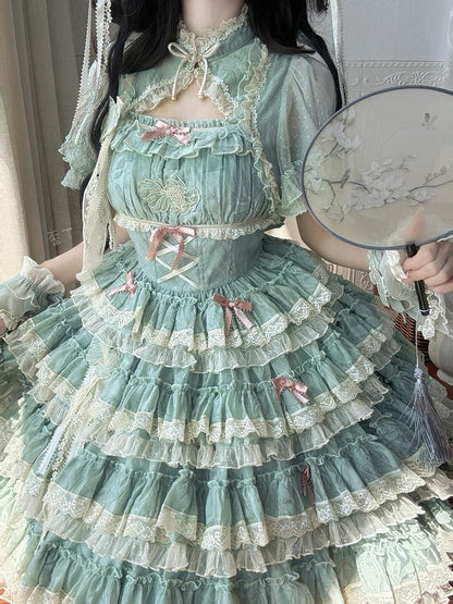 Lolita Dress Ruffles Embroidery Sweet Green and Goldfish Tiered Details Lace with