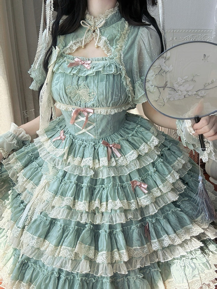 Goldfisch Sweet Lolita Details Stickerei Spitze Stufen und grüne Rüschen mit Kleid