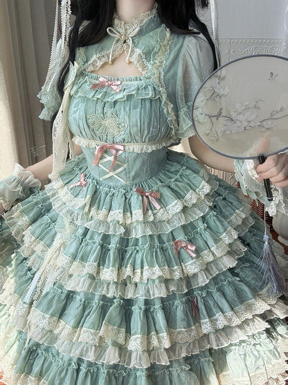 Goldfisch Sweet Lolita Details Stickerei Spitze Stufen und grüne Rüschen mit Kleid