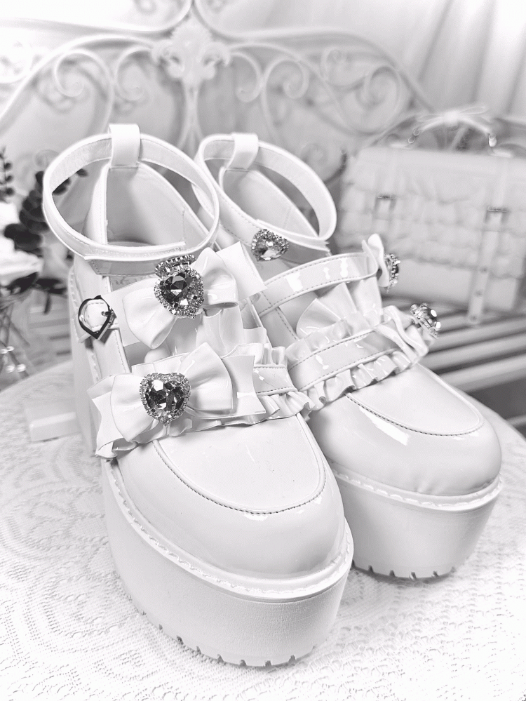 with Landmine Matte 10cm Heel Platform Rhinestones Chunky Glitter White Bowknot Shoes Style Heart