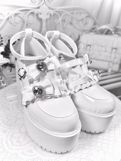 with Landmine Matte 10cm Heel Platform Rhinestones Chunky Glitter White Bowknot Shoes Style Heart