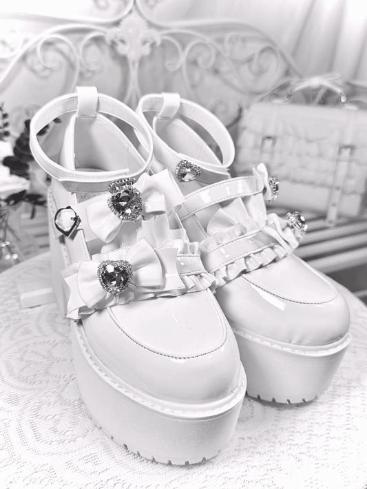 with Landmine Matte 10cm Heel Platform Rhinestones Chunky Glitter White Bowknot Shoes Style Heart