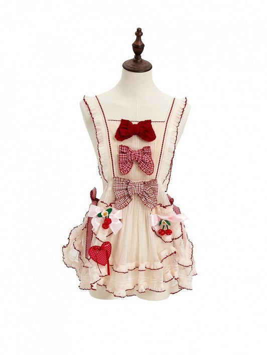 Tablier Lolita Cottagecore à volants rouge beige - DrunkCoco