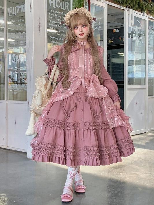 Floral Overdress Lolita Pattern Pink with Bunny Hood Ear Ruffled