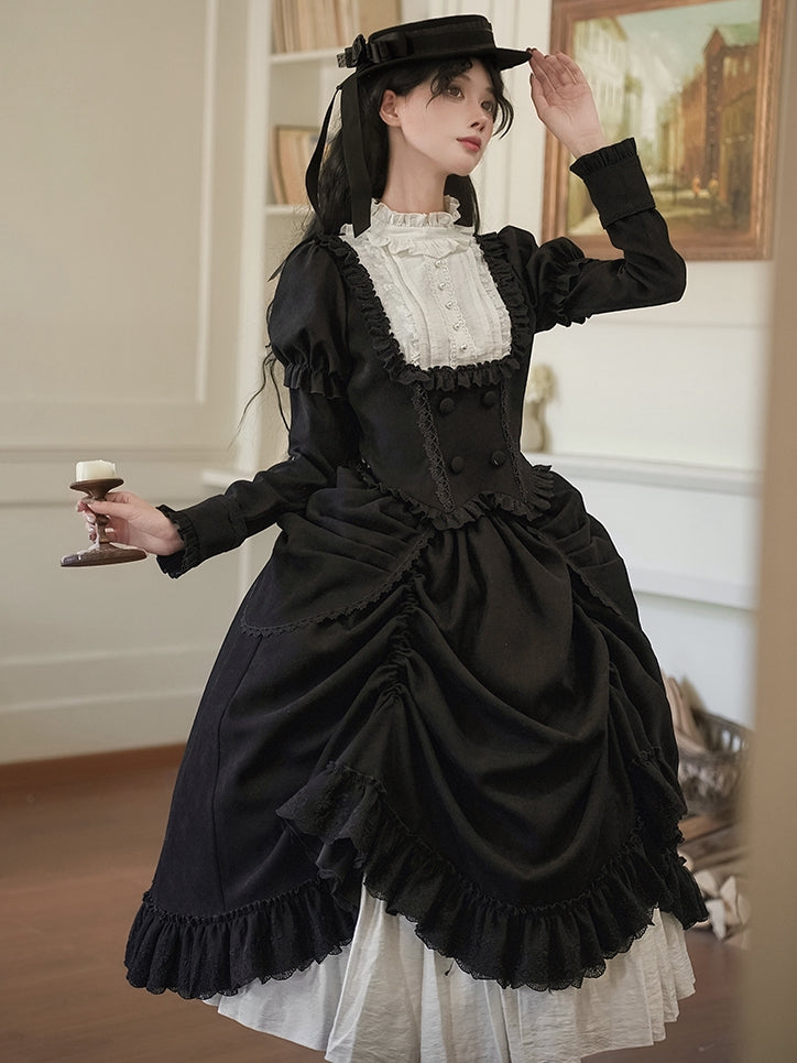 Elegant Skirt and Lolita Double-Layer Drawstring Black White