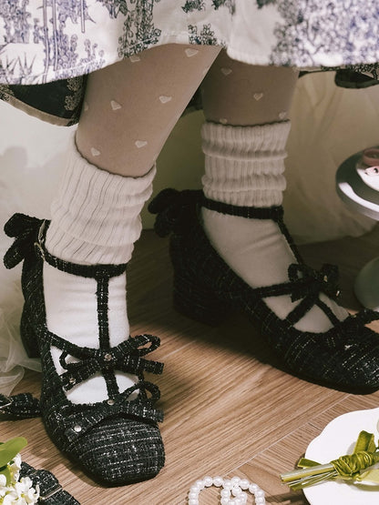 Design Lolita Black Accents Square with Bow Elegant Toe T-strap Shoes