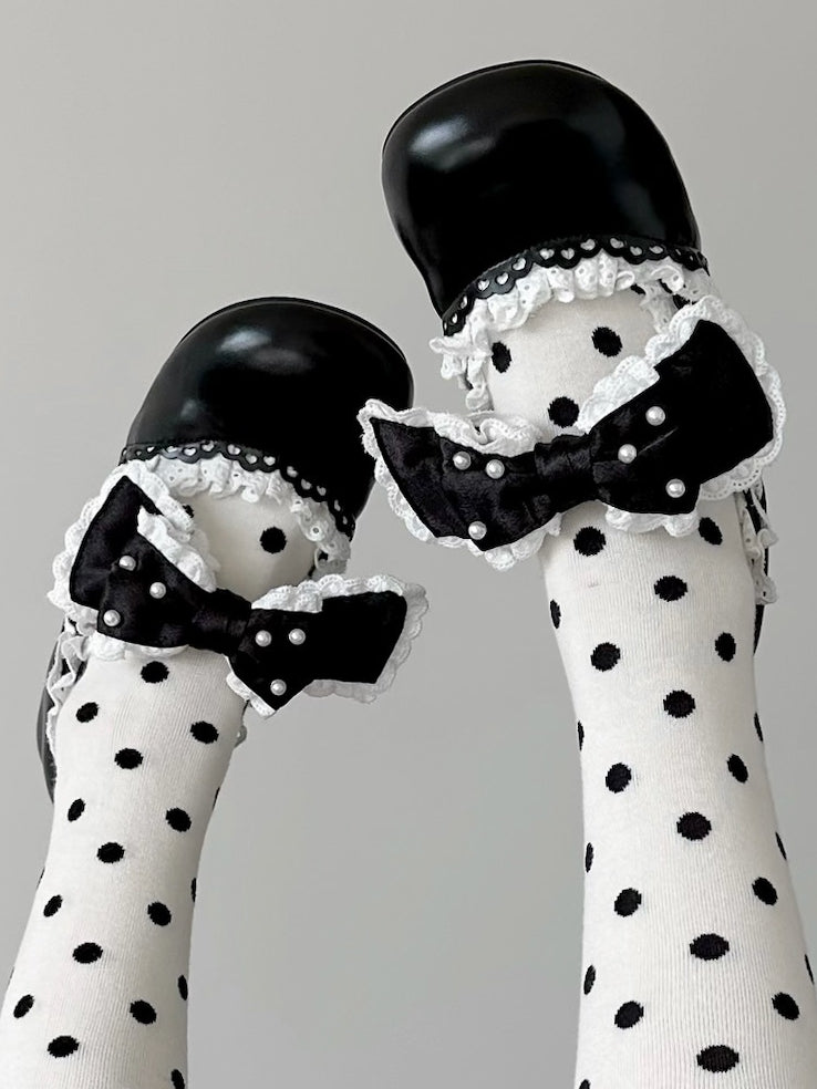 Bow Sweet Beaded Accent Scalloped-Edge with Mary Black Strap Buckle Decorated Leather - Janes Lolita PU