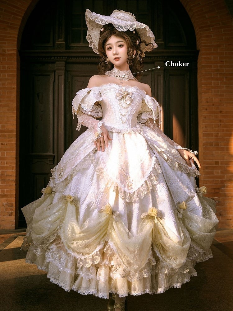 Ruffles Gown Lolita and Version Details Off-Shoulder Hime Hanayome Layered Bow with Champagne Long Lace