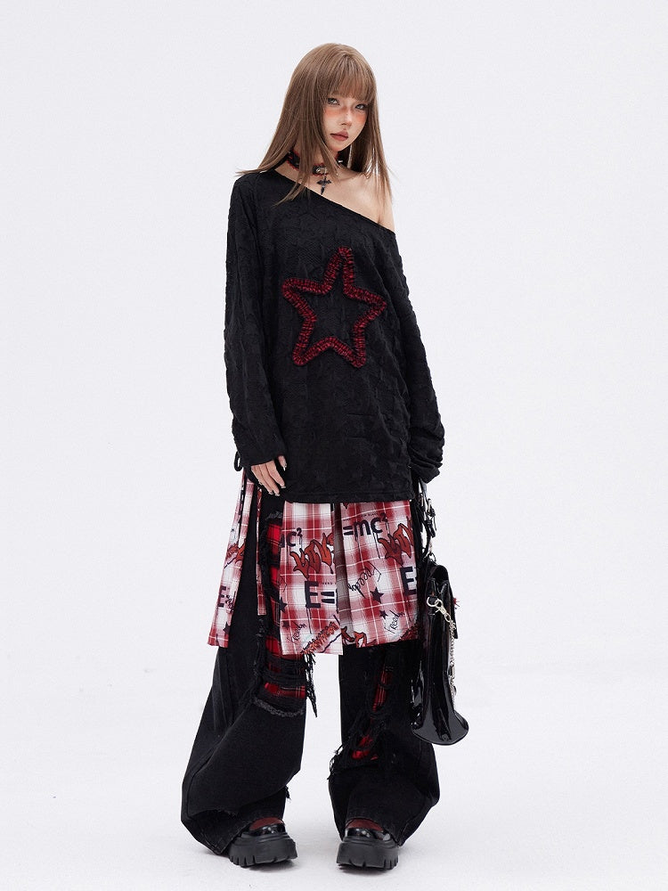 Black Distressed Holes Plaid Pattern Straight-leg Cut Jeans