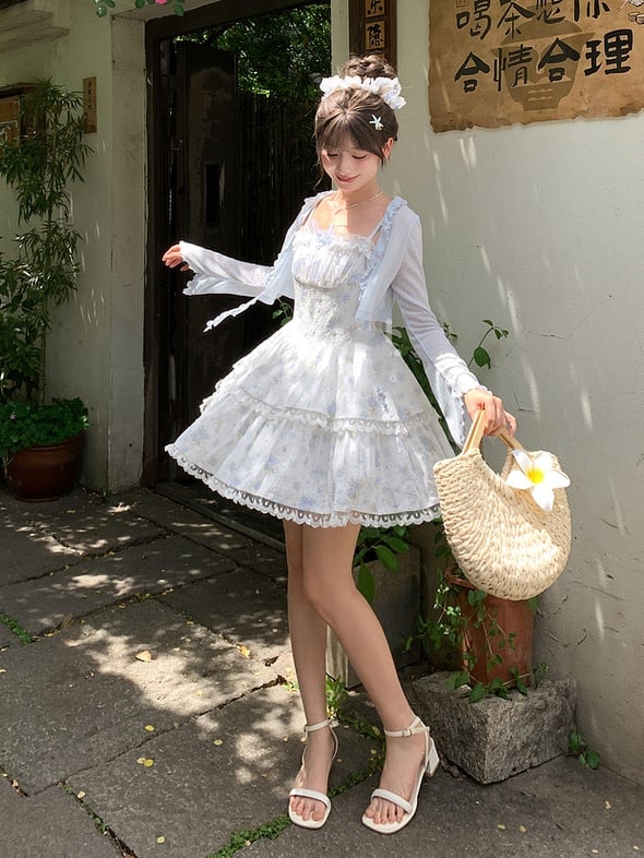 Skirt Short Floral Back Cami Dress Lace-up Version Light Blue Lace Trim Tiered with