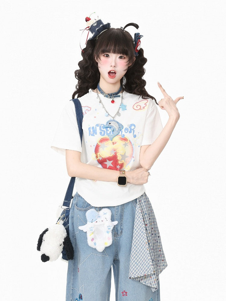 Charcoal Crew-Neck Tee with Star & Apple Graphic - Languid Park