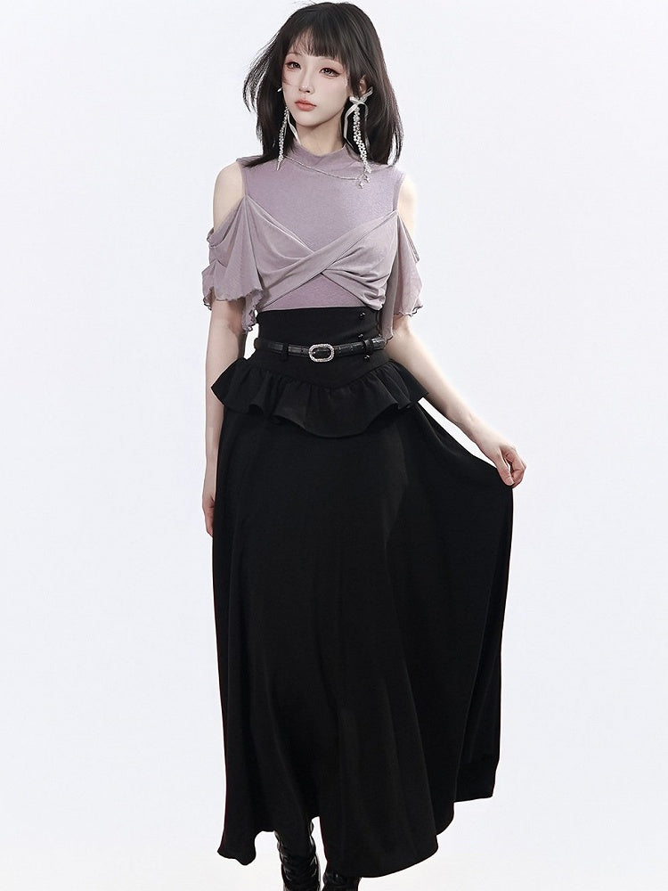 Black Ruffle Trim Long Skirt - PINK SAVIOR
