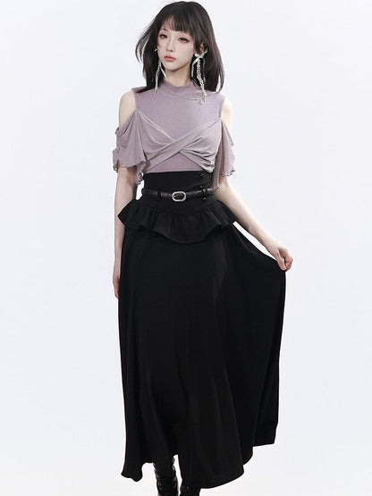 Dusty Purple Cutout Shoulder Top with Star Chain Decor - PINK SAVIOR