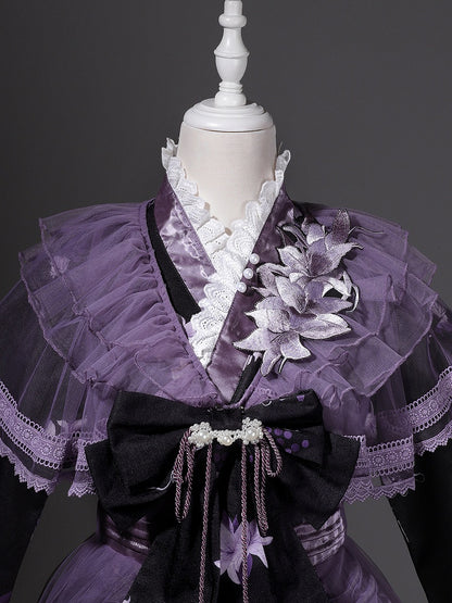 Floral Crossover Dress Neck Black Overdress Purple + Lolita Skirt Han Print Tulle