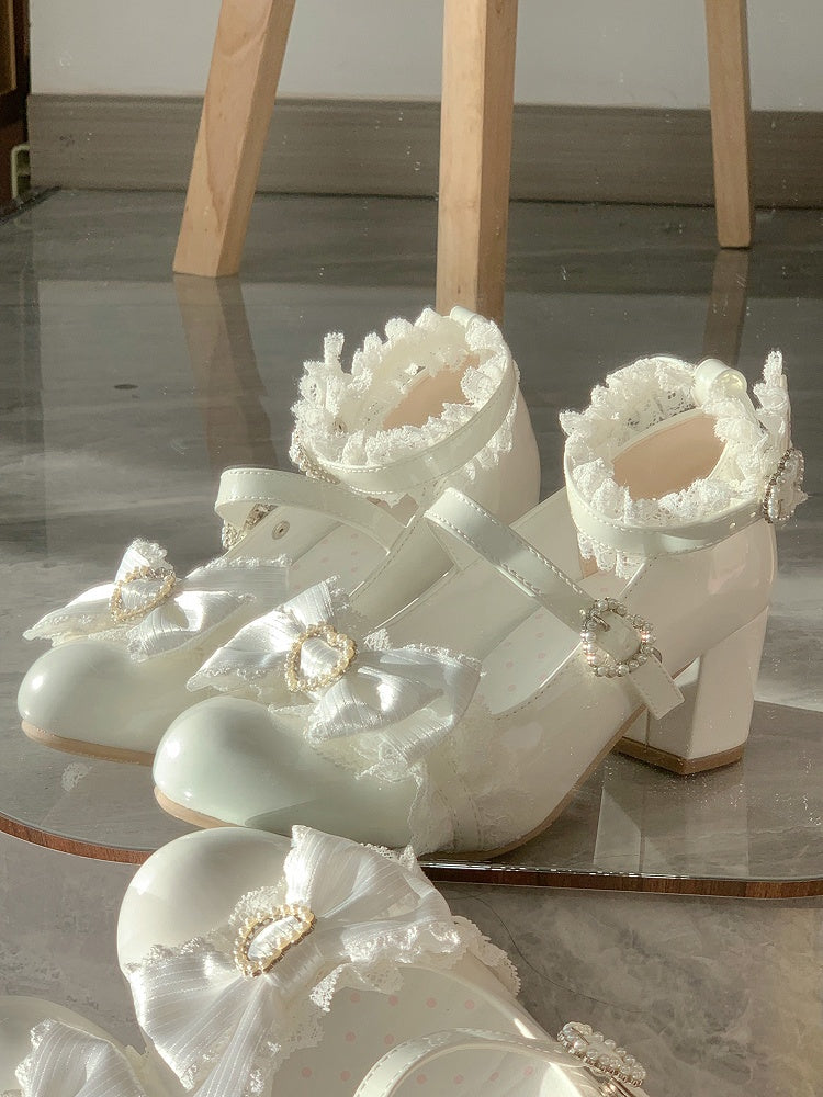White Lace Mid-heel and Lolita Trim Bow Shoes Accents with Sweet