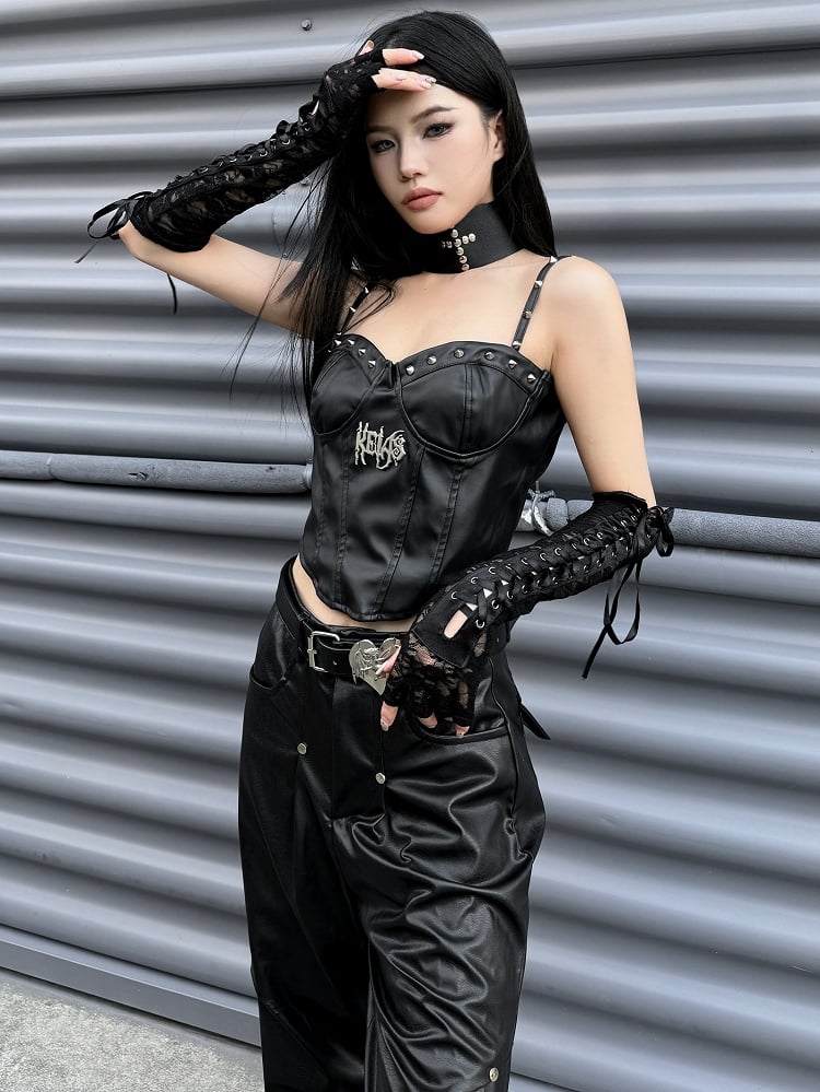Punk Rock Schwarze Cargohose mit Kreuz-Applikationen und Nieten und Gürtel