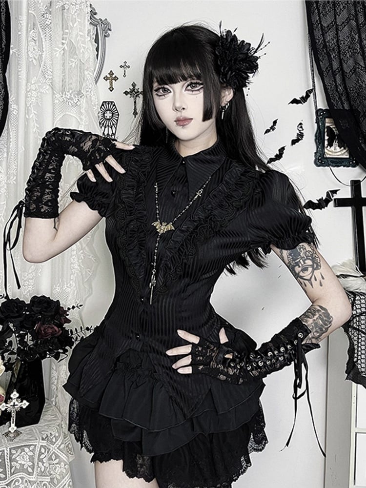 Collar with Detail Sleeve Blouse Back Pointed Gothic Halloween Ruffled Black Tie Flat Puff