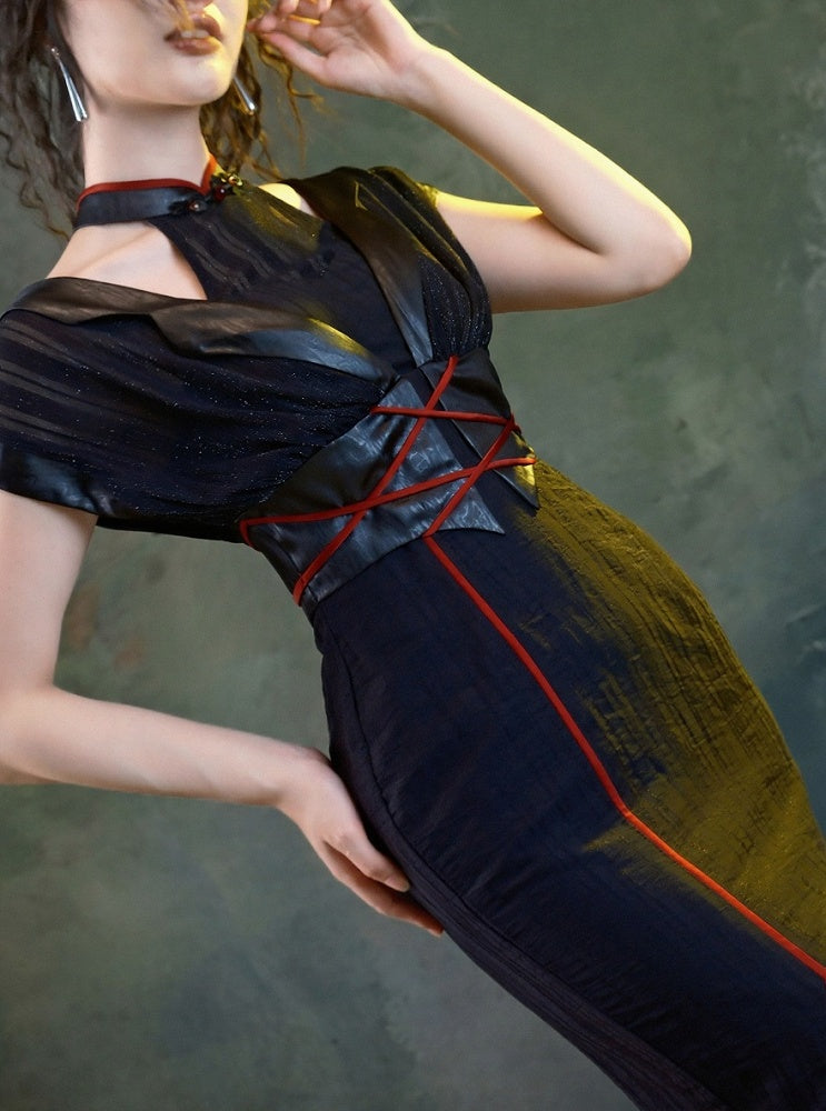 Red Lace-up Detail Knee-high Slit Dress with Detachable Padded Cups - sijinstudio