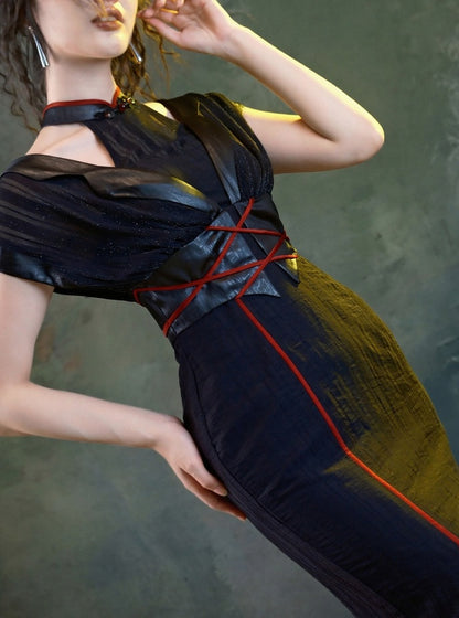 Red Lace-up Detail Knee-high Slit Dress with Detachable Padded Cups - sijinstudio