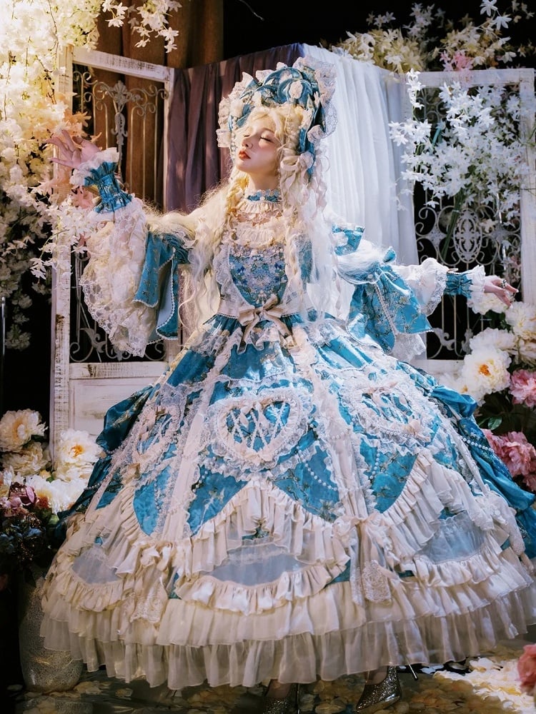with Sleeves Sweetheart and Ruffle Layers Bell Applique Gorgeous Blue Gown Hime Lolita Beaded Lace