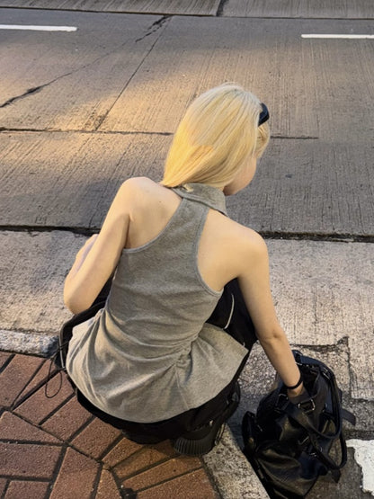 Top Gray Front Button Placket Halter Neck Glamorous Tank