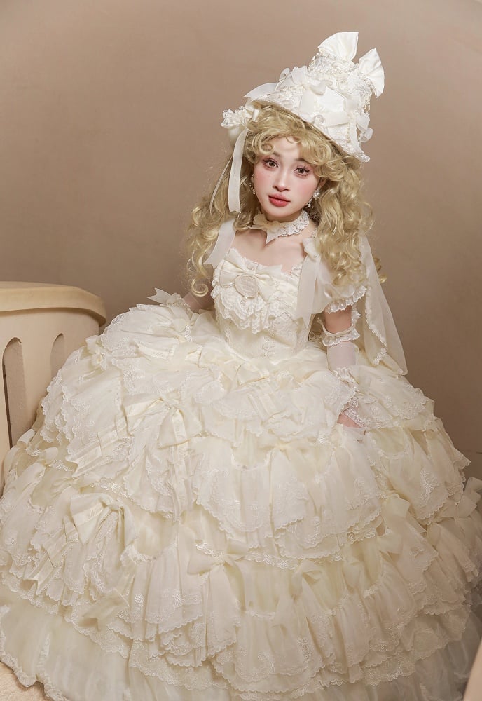 Lolita Wedding Bow Dress / Full Creamy Set White Hanayome Accents Gorgeous
